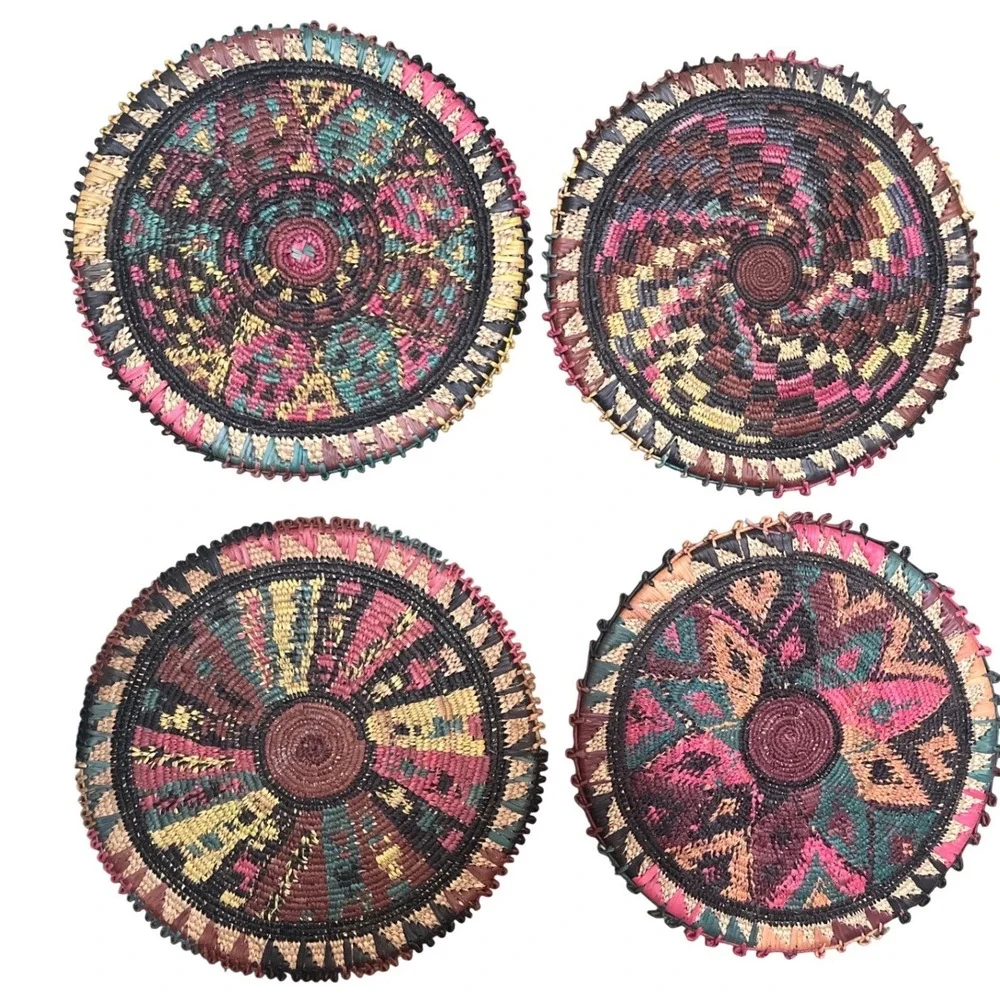 Vtg African Coiled Flat Baskets Set 4 Mismatched Geometric‎ Boho Trays Placemats